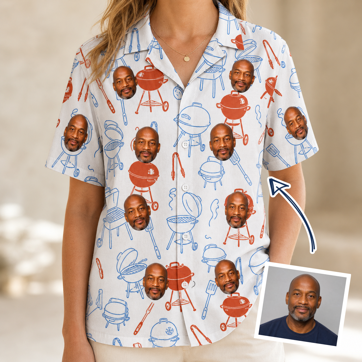 Woman wearing Women's Grill Rights Custom Face Hawaiian Shirt — custom faces printed all-over