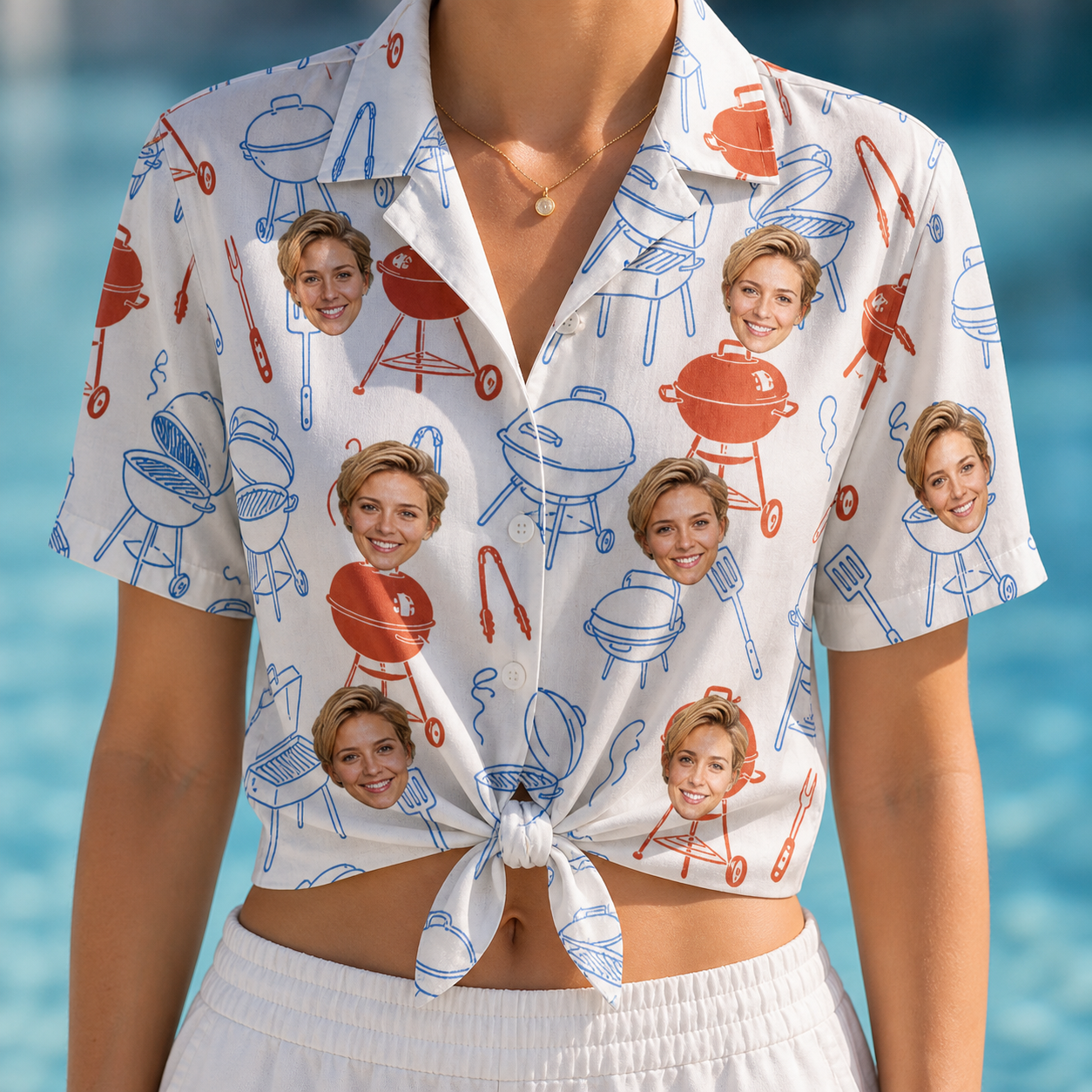 Woman wearing Women's Grill Rights Custom Face Hawaiian Shirt tied at the waist
