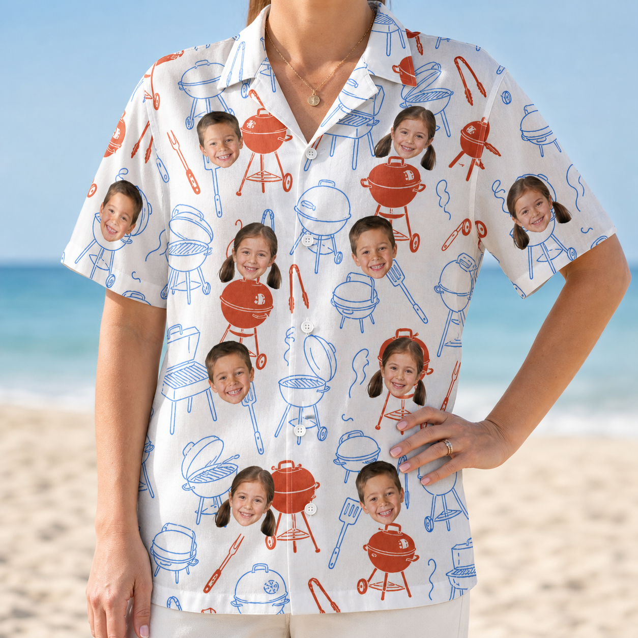 Model wearing Women's Grill Rights Custom Face Hawaiian Shirt printed with kids' faces