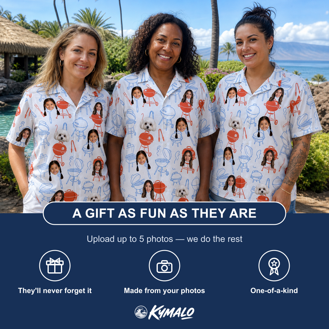 Friends in matching Women's Grill Rights Custom Face Hawaiian Shirt — a group gift photo