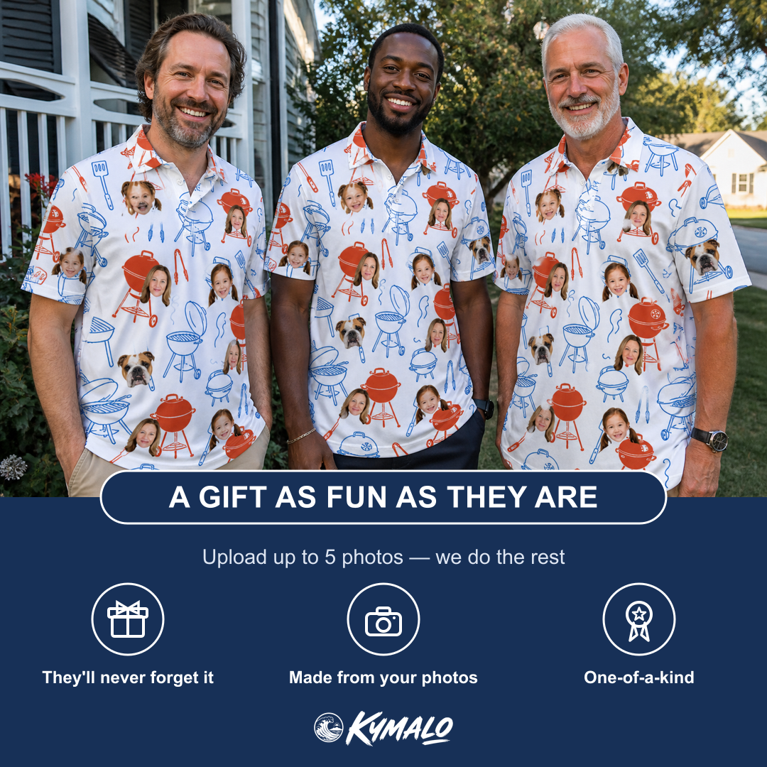 Friends in matching Men's Grill Rights Custom Face Polo Shirt — a group gift photo