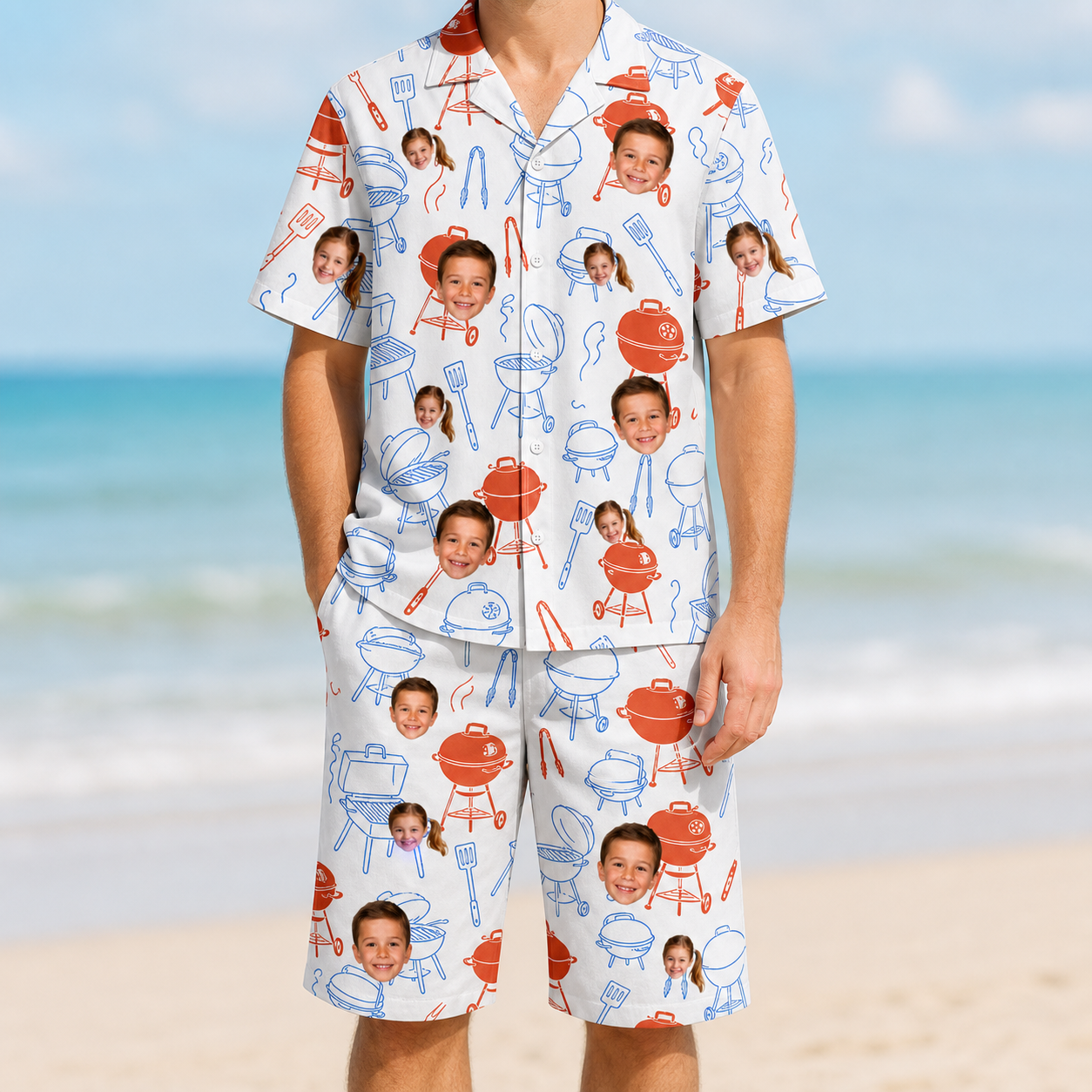 Model wearing Men's Grill Rights Custom Face Shirt & Shorts Set printed with kids' faces