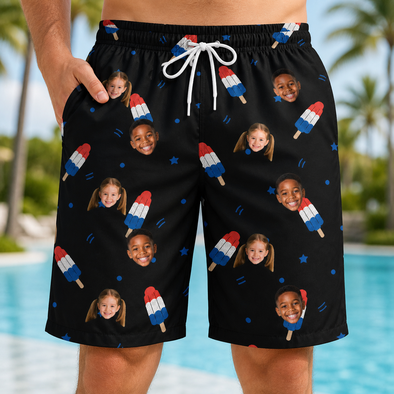 Model wearing Men's Popsicle Pride Custom Face Beach Shorts printed with kids' faces