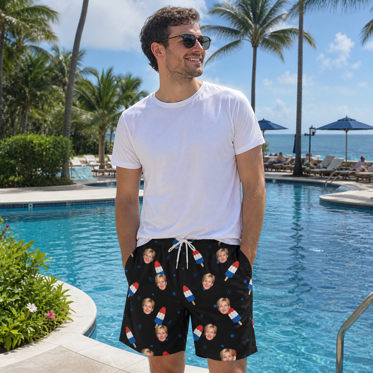 Real-life photo of someone wearing Men's Popsicle Pride Custom Face Beach Shorts — custom faces printed all-over