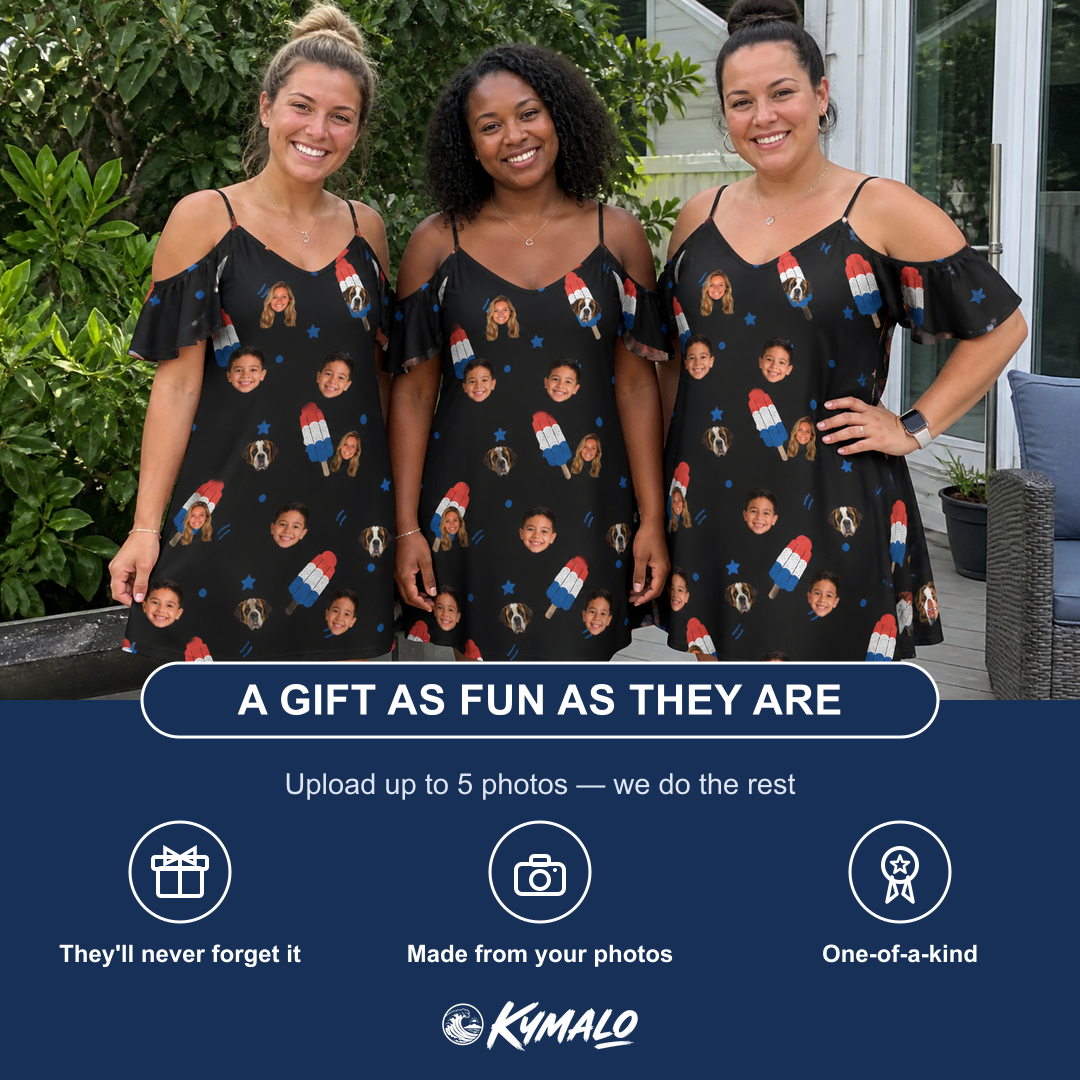 Friends in matching Women's Popsicle Pride Custom Face Off-Shoulder Dress — a group gift photo