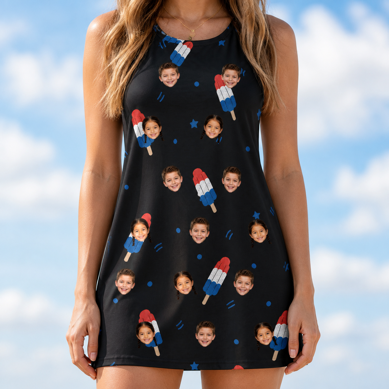 Model wearing Women's Popsicle Pride Custom Face Tank Dress printed with kids' faces