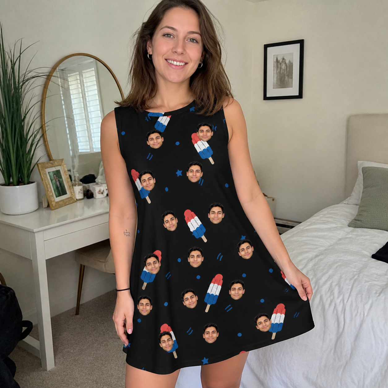 Real-life photo of someone wearing Women's Popsicle Pride Custom Face Tank Dress — custom faces printed all-over