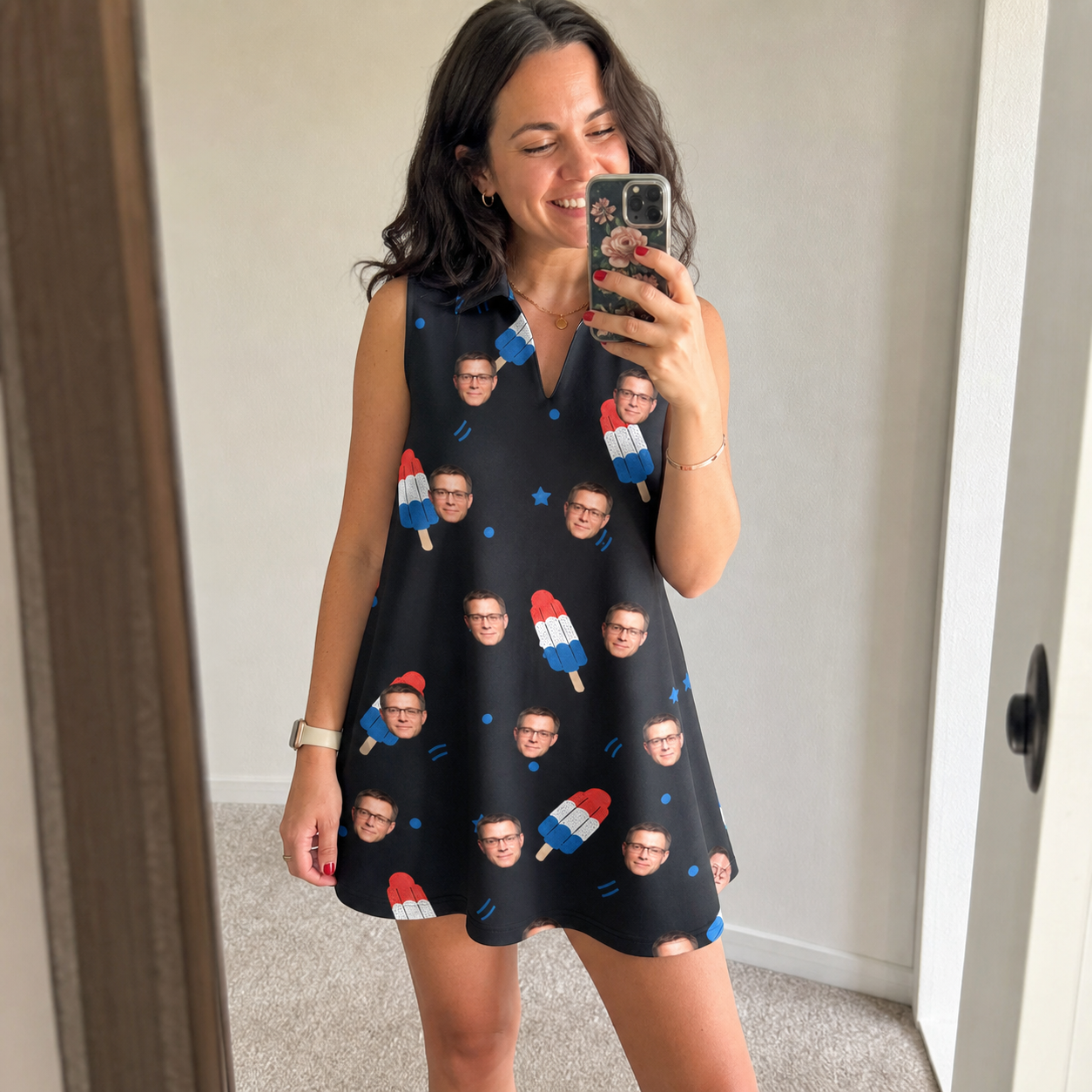 Real-life photo of someone wearing Women's Popsicle Pride Custom Face V-Neck Dress — custom faces printed all-over