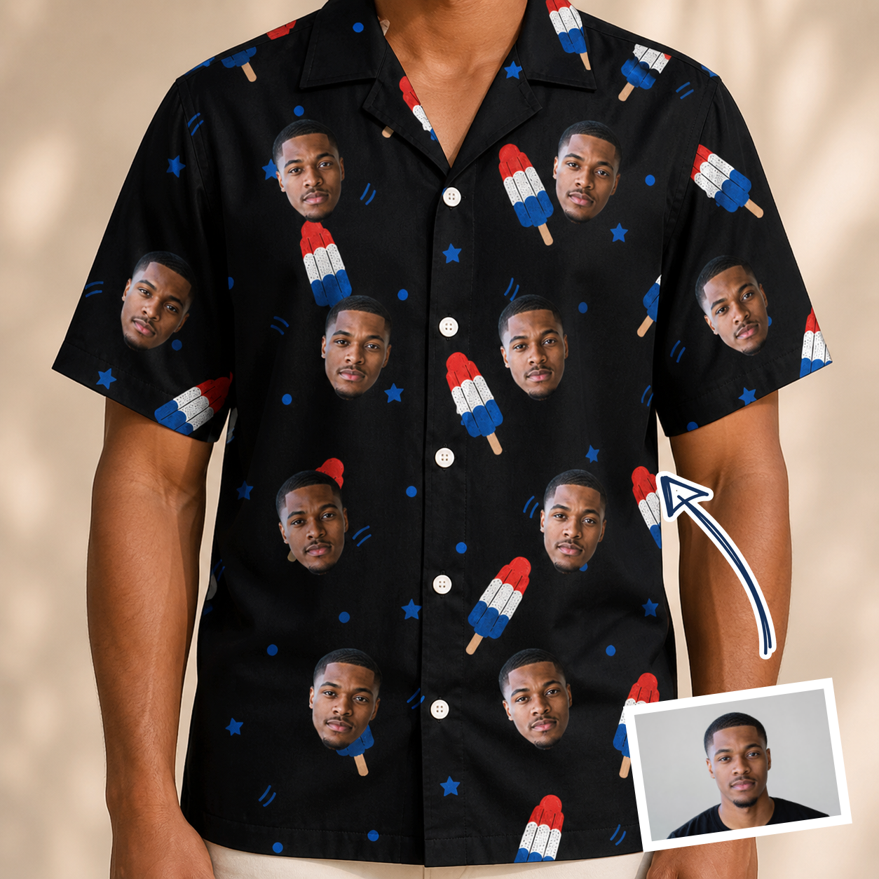 Man wearing Men's Popsicle Pride Custom Face Hawaiian Shirt — custom faces printed all-over