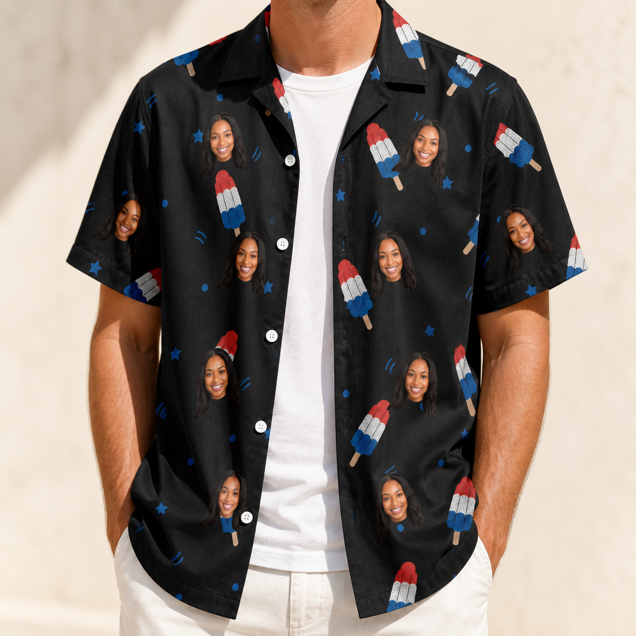 Man wearing Men's Popsicle Pride Custom Face Hawaiian Shirt open over a white tee