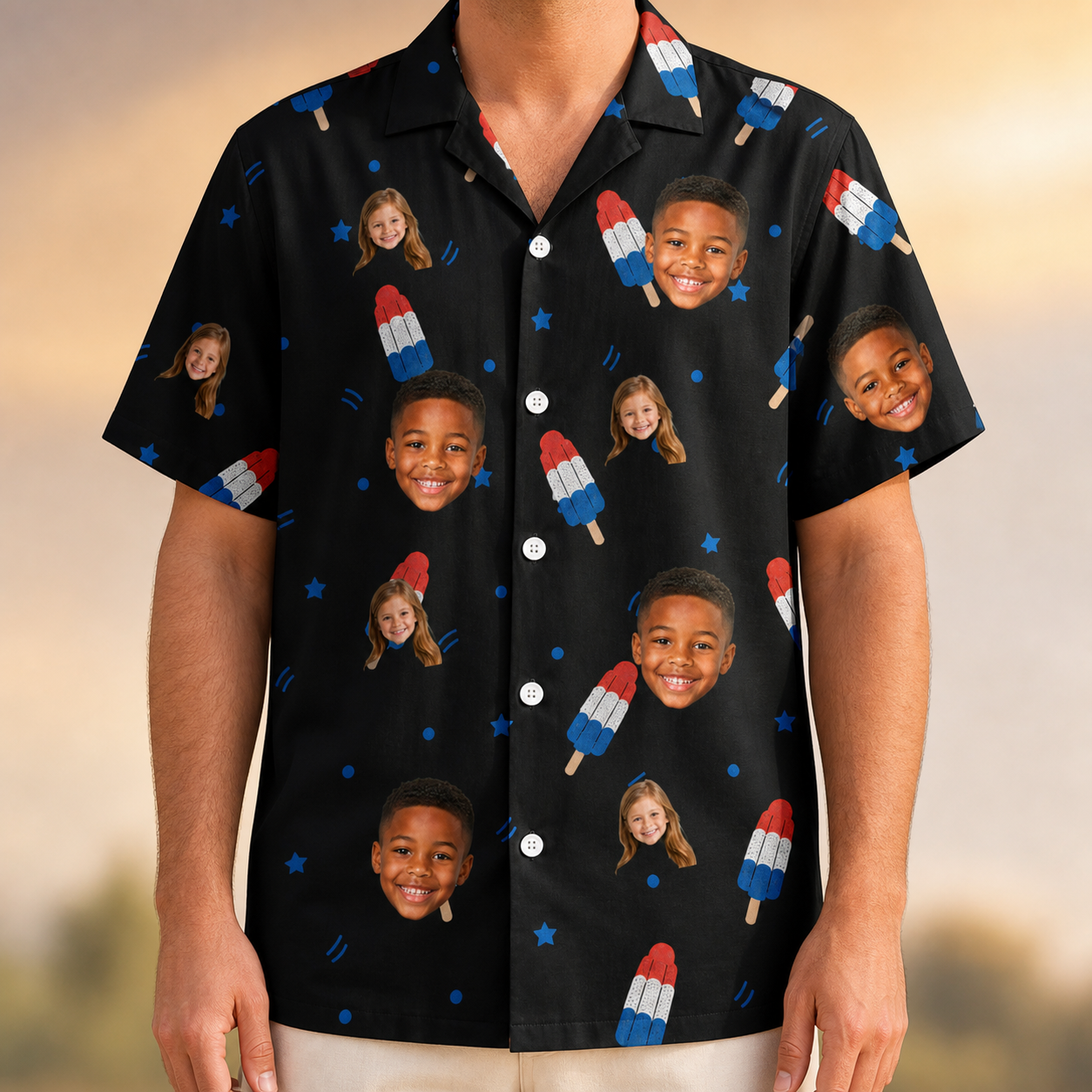 Model wearing Men's Popsicle Pride Custom Face Hawaiian Shirt printed with kids' faces