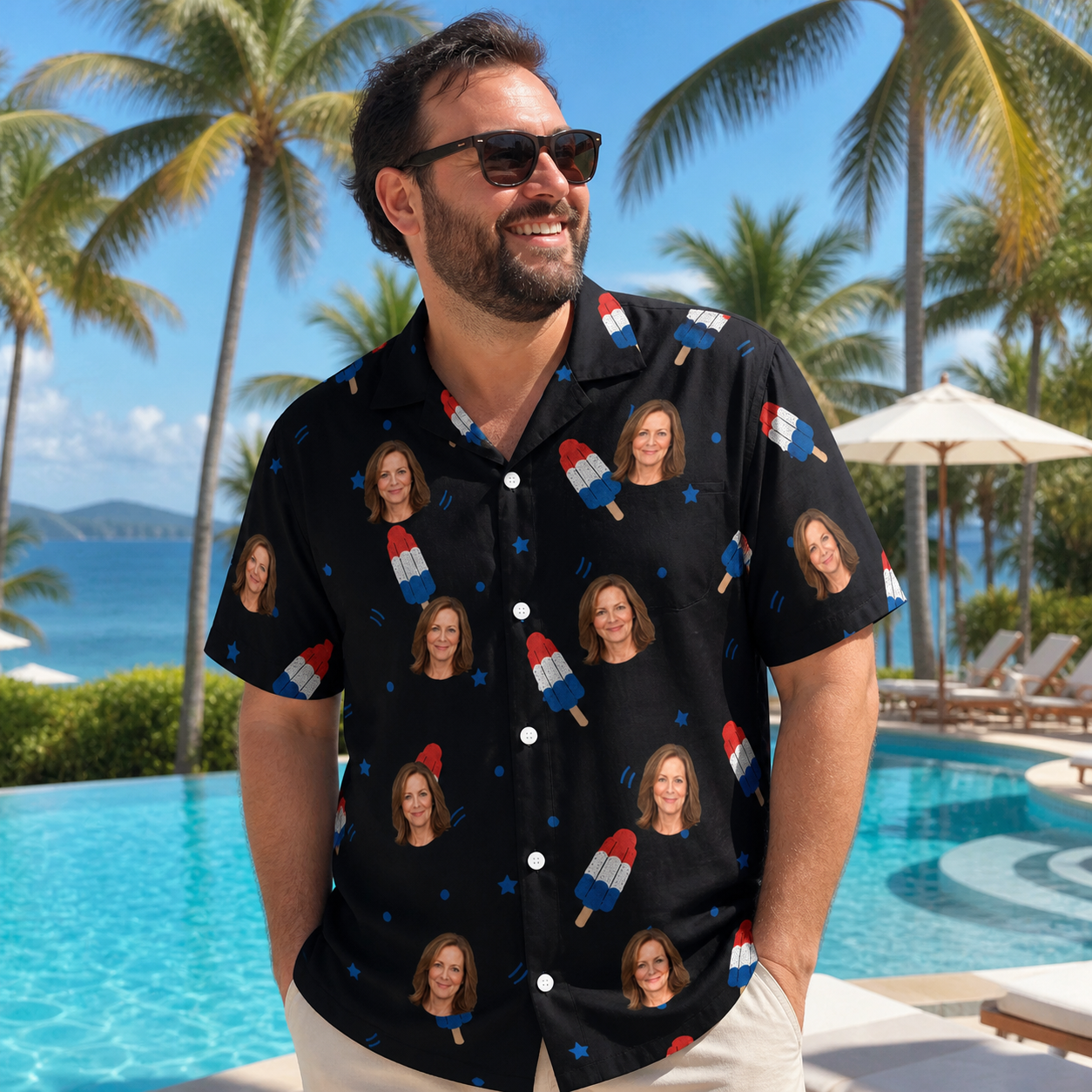 Real-life photo of someone wearing Men's Popsicle Pride Custom Face Hawaiian Shirt — custom faces printed all-over