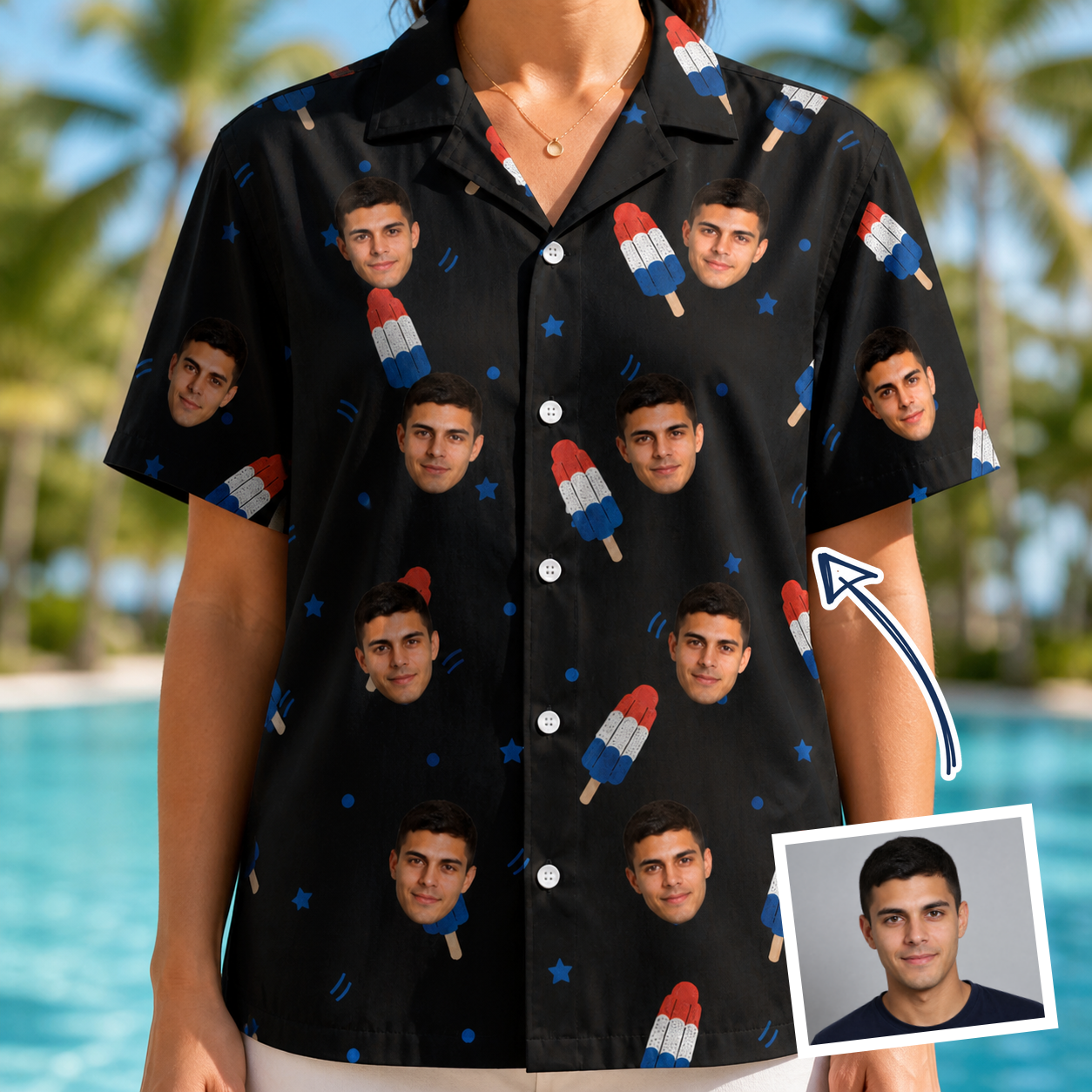 Woman wearing Women's Popsicle Pride Custom Face Hawaiian Shirt — custom faces printed all-over