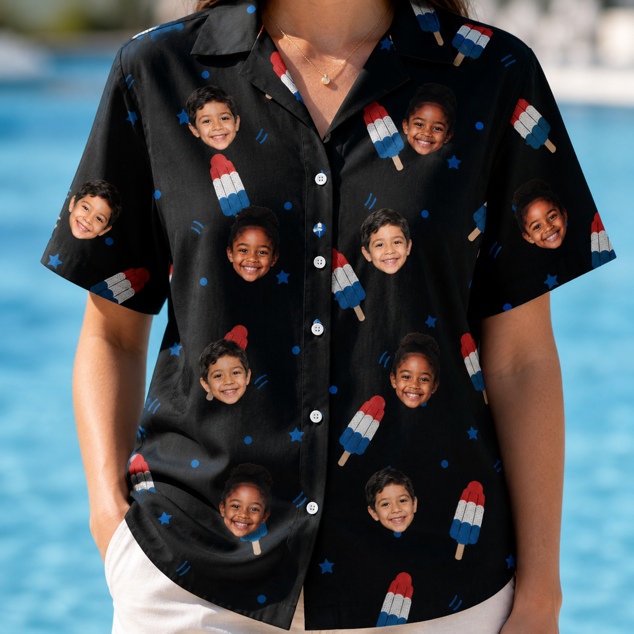Model wearing Women's Popsicle Pride Custom Face Hawaiian Shirt printed with kids' faces