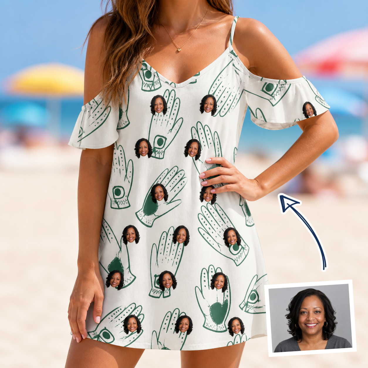 Woman wearing Women's Glove Affair Custom Face Off-Shoulder Dress — custom faces printed all-over