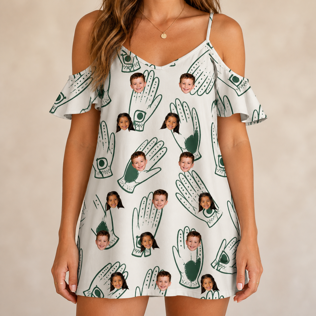 Model wearing Women's Glove Affair Custom Face Off-Shoulder Dress printed with kids' faces