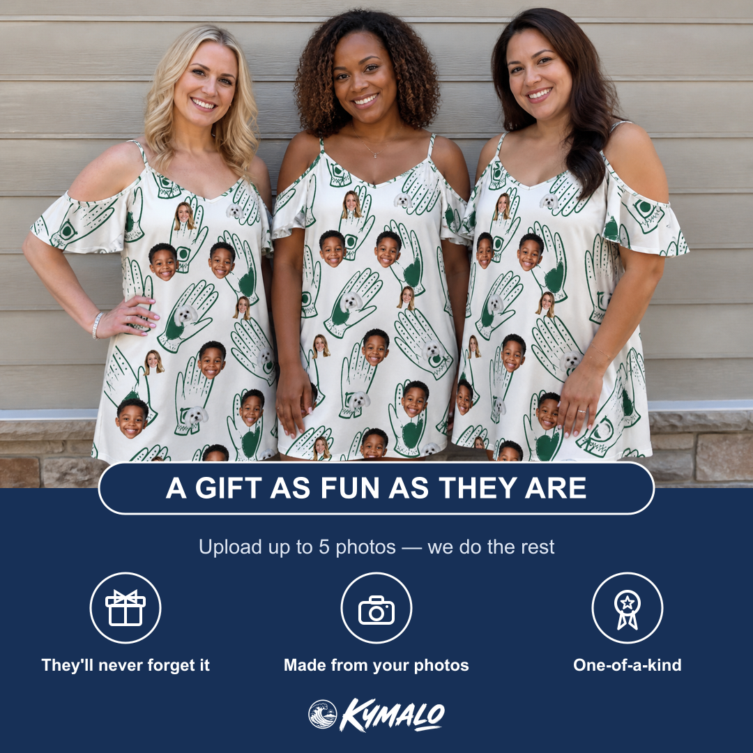 Friends in matching Women's Glove Affair Custom Face Off-Shoulder Dress — a group gift photo