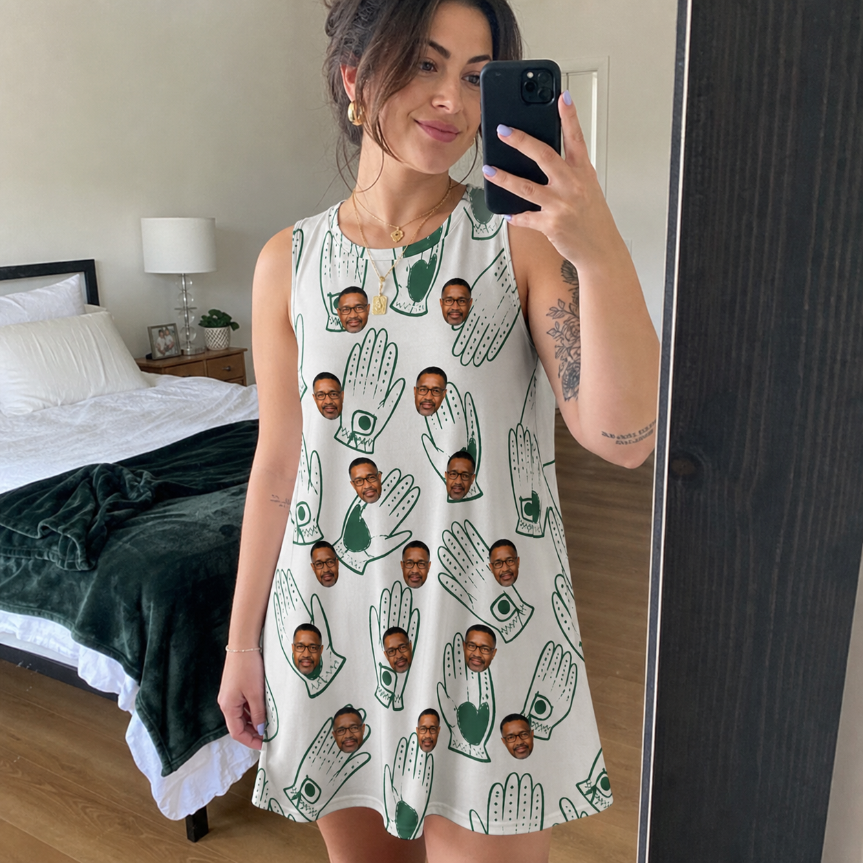 Real-life photo of someone wearing Women's Glove Affair Custom Face Tank Dress — custom faces printed all-over