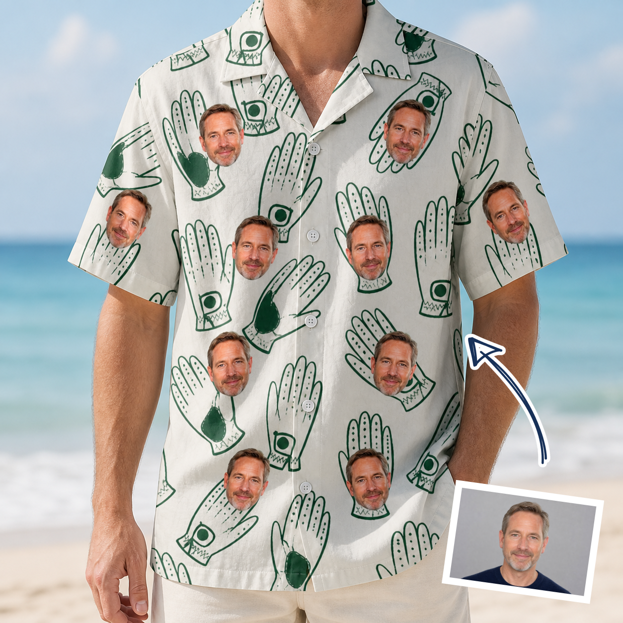 Man wearing Men's Glove Affair Custom Face Hawaiian Shirt — custom faces printed all-over
