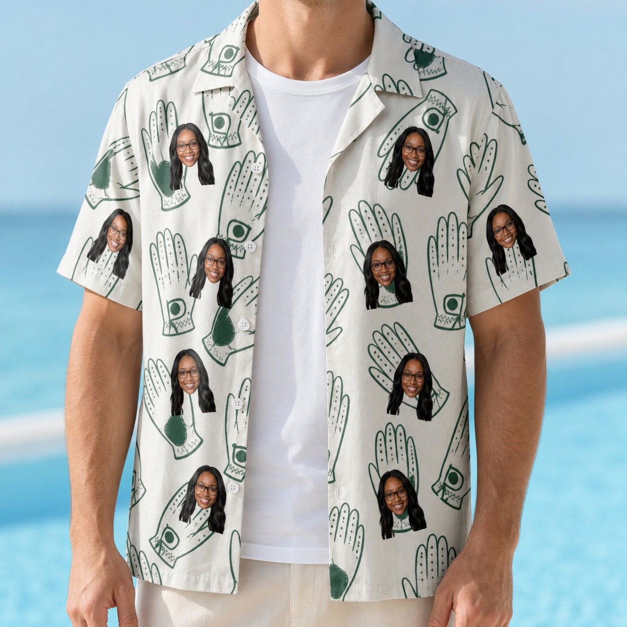 Man wearing Men's Glove Affair Custom Face Hawaiian Shirt open over a white tee