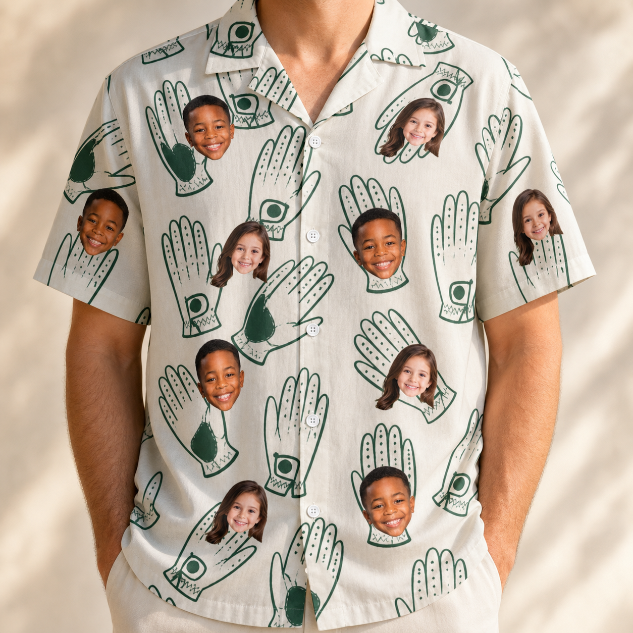 Model wearing Men's Glove Affair Custom Face Hawaiian Shirt printed with kids' faces