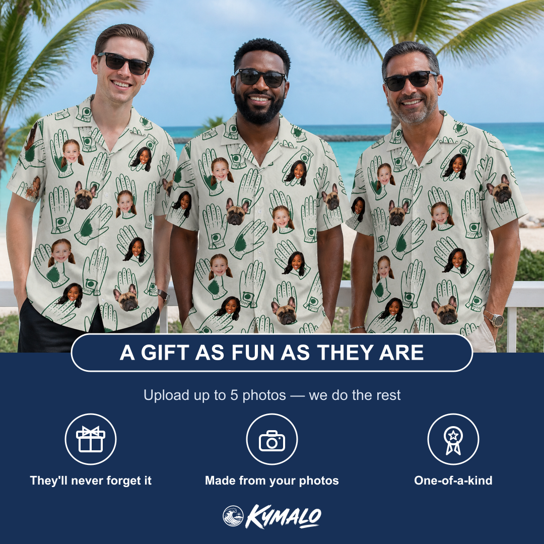 Friends in matching Men's Glove Affair Custom Face Hawaiian Shirt — a group gift photo
