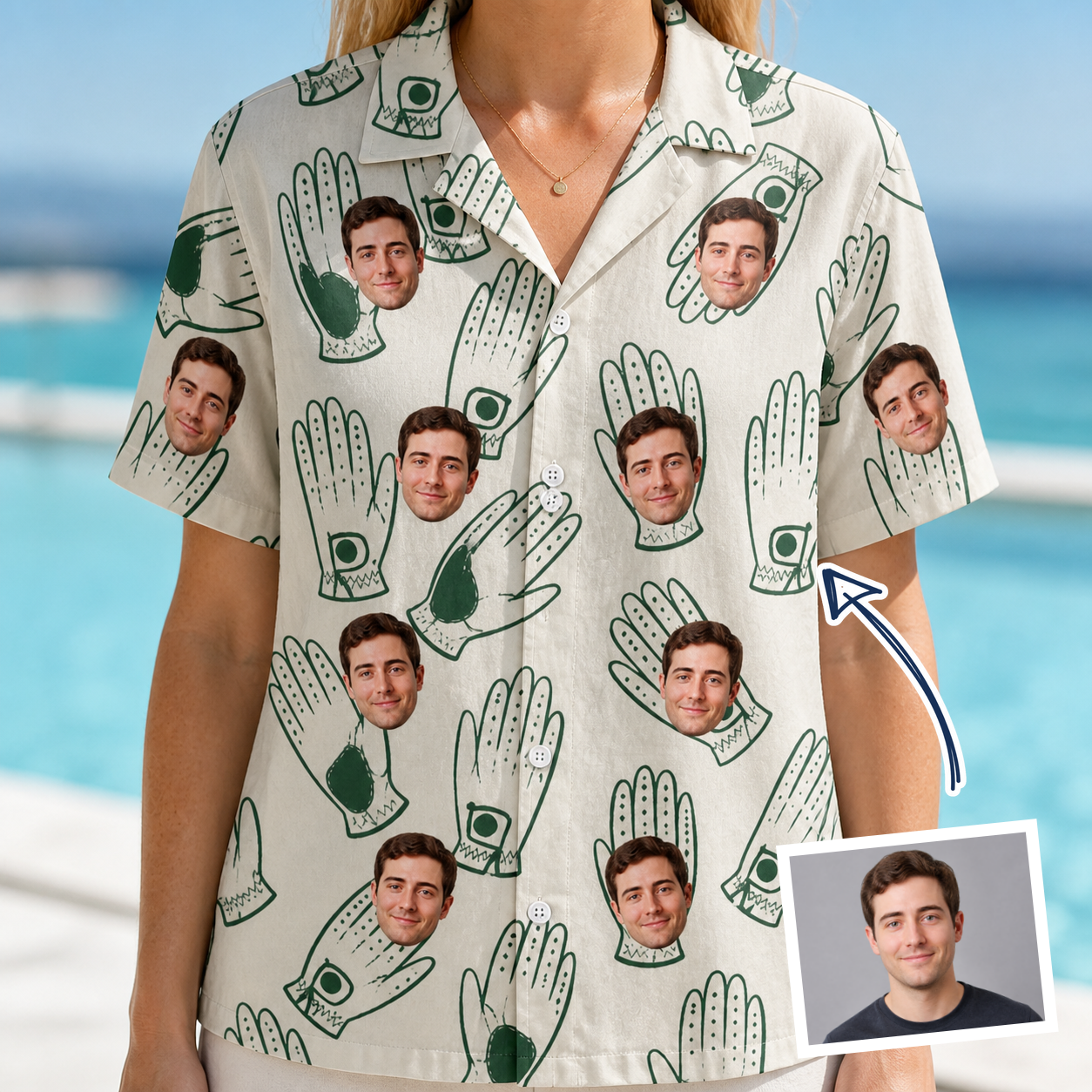 Woman wearing Women's Glove Affair Custom Face Hawaiian Shirt — custom faces printed all-over