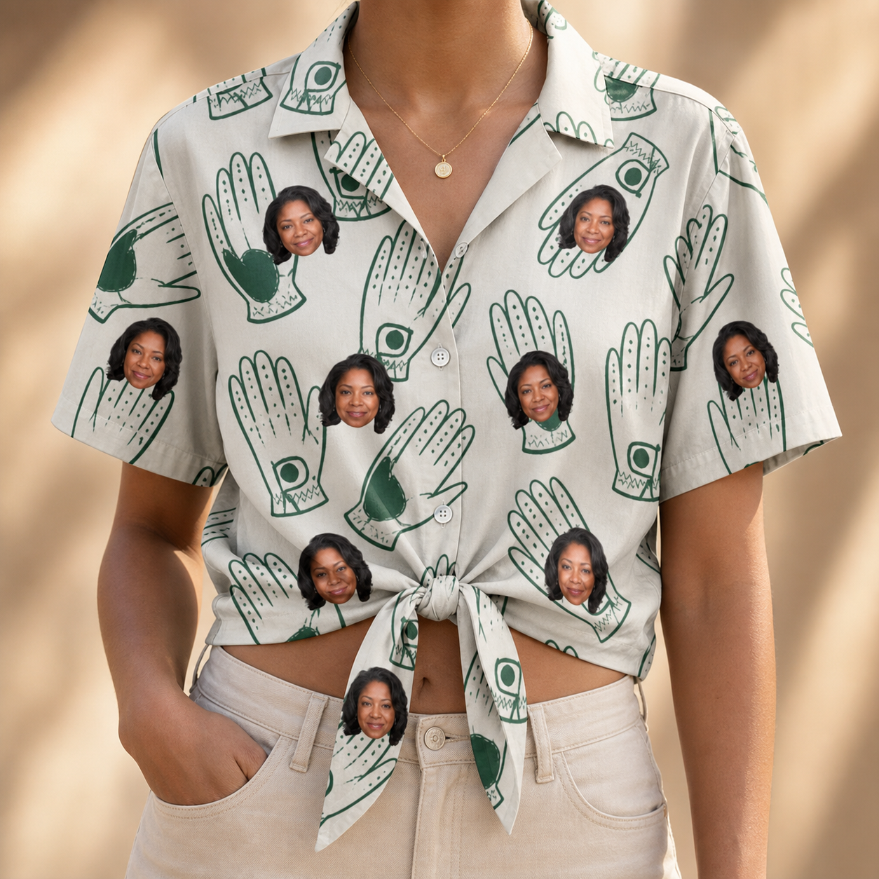 Woman wearing Women's Glove Affair Custom Face Hawaiian Shirt tied at the waist