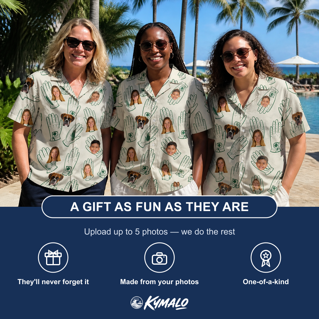 Friends in matching Women's Glove Affair Custom Face Hawaiian Shirt — a group gift photo