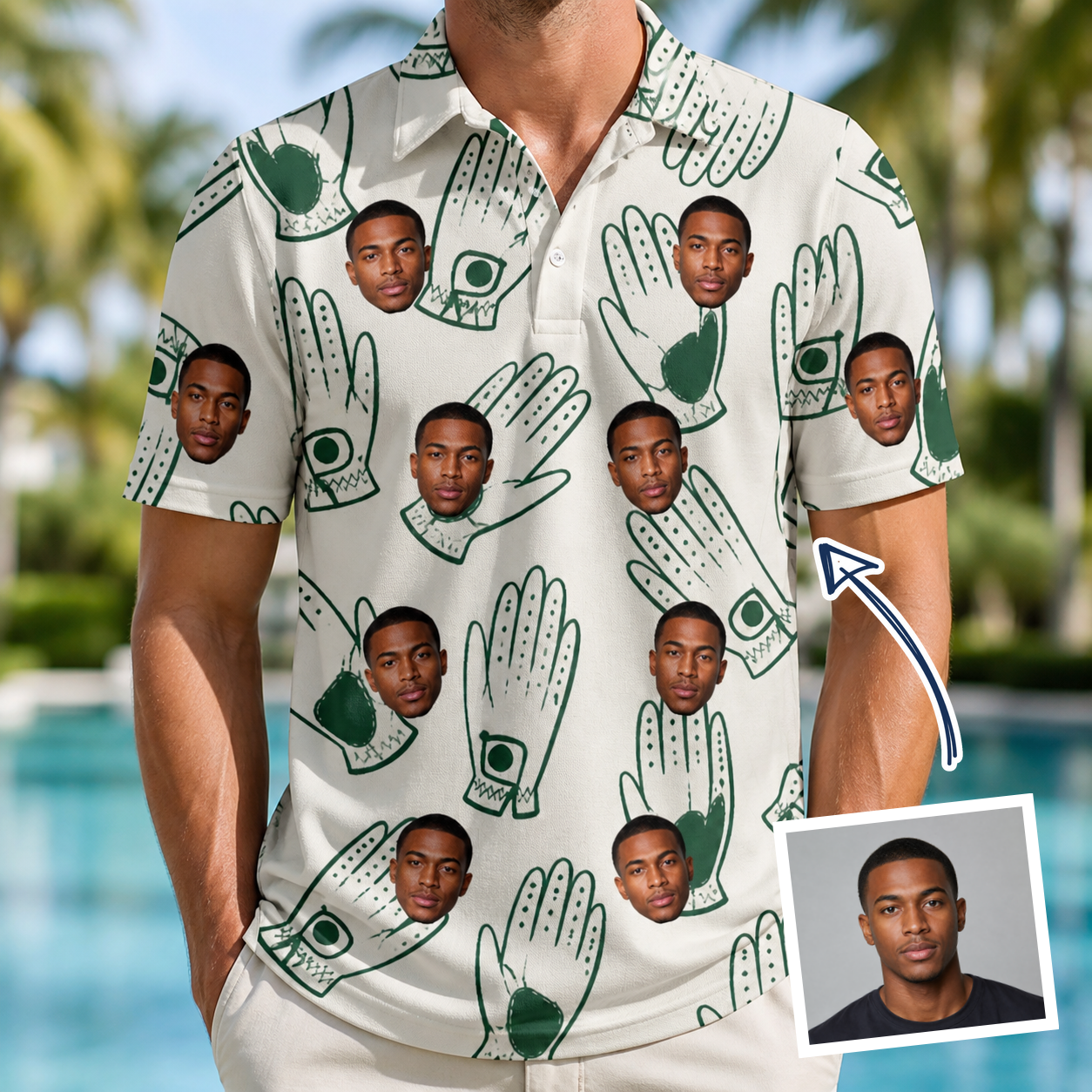 Man wearing Men's Glove Affair Custom Face Polo Shirt — custom faces printed all-over