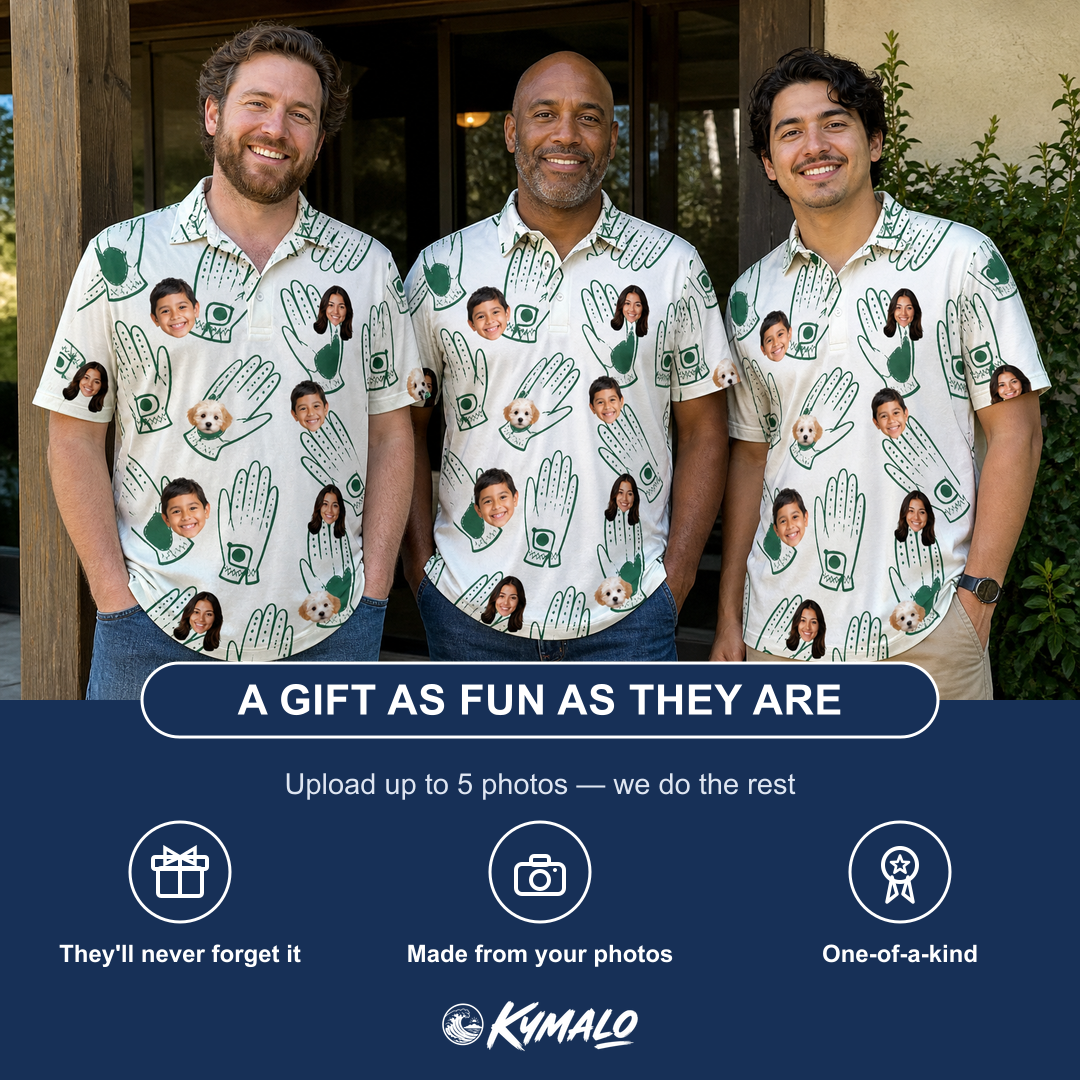 Friends in matching Men's Glove Affair Custom Face Polo Shirt — a group gift photo