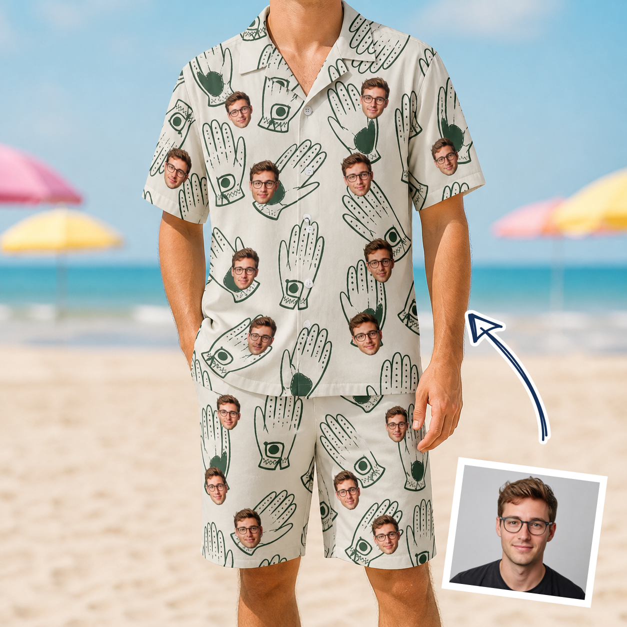 Man wearing Men's Glove Affair Custom Face Shirt & Shorts Set — custom faces printed all-over