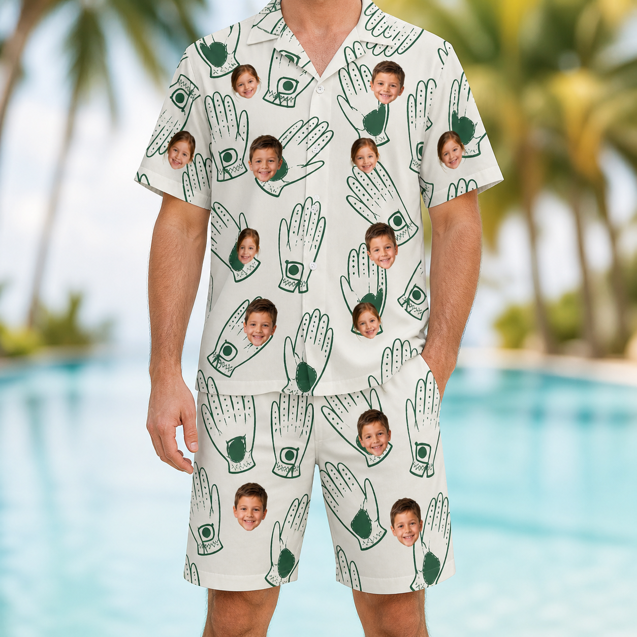 Model wearing Men's Glove Affair Custom Face Shirt & Shorts Set printed with kids' faces