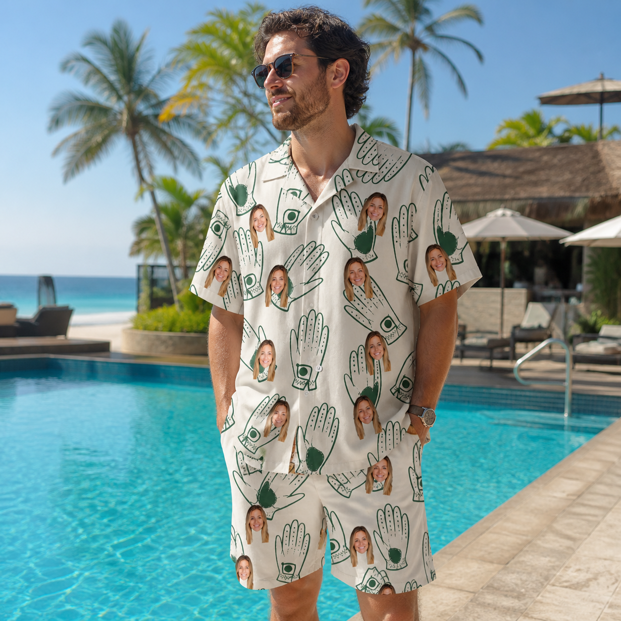 Real-life photo of someone wearing Men's Glove Affair Custom Face Shirt & Shorts Set — custom faces printed all-over