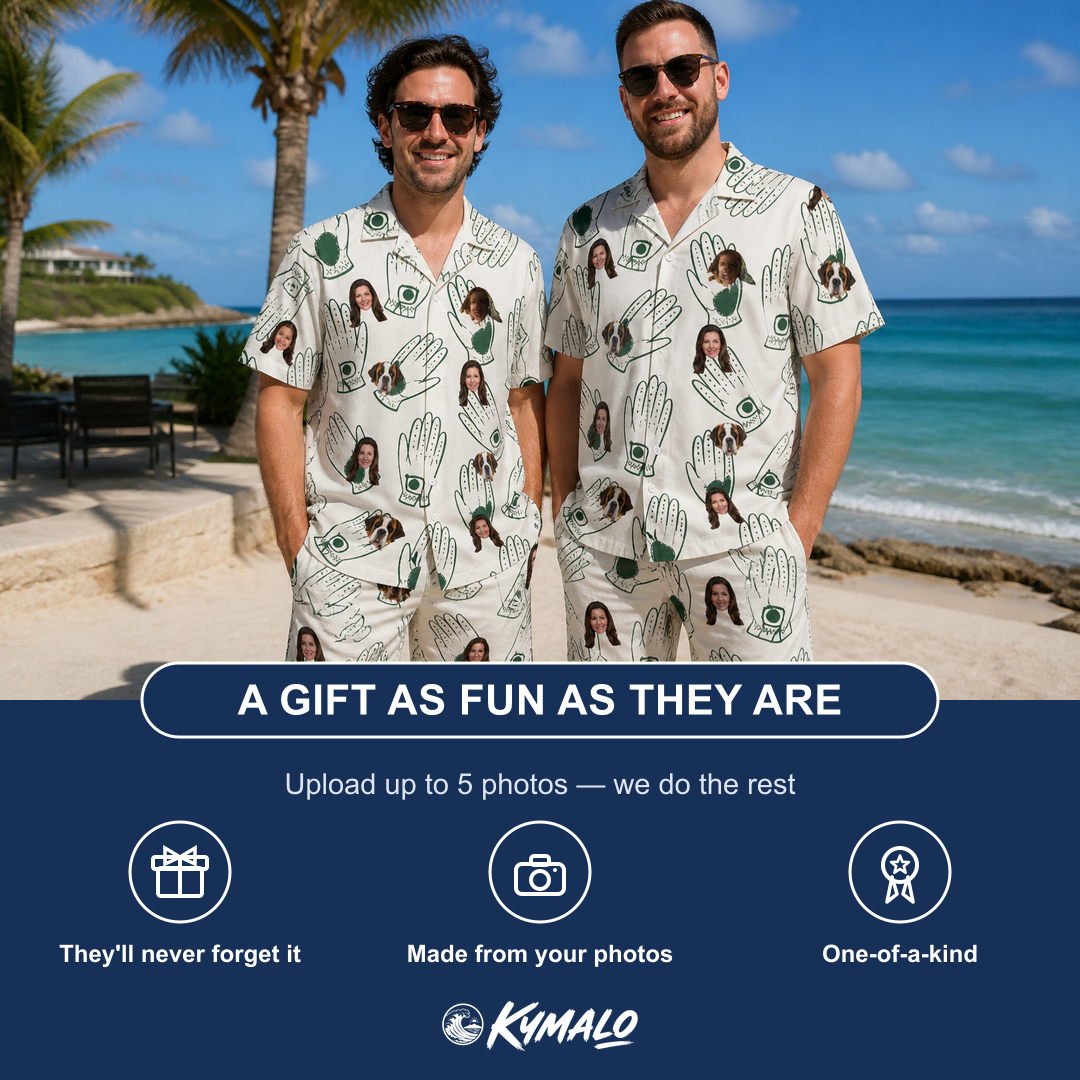 Friends in matching Men's Glove Affair Custom Face Shirt & Shorts Set — a group gift photo