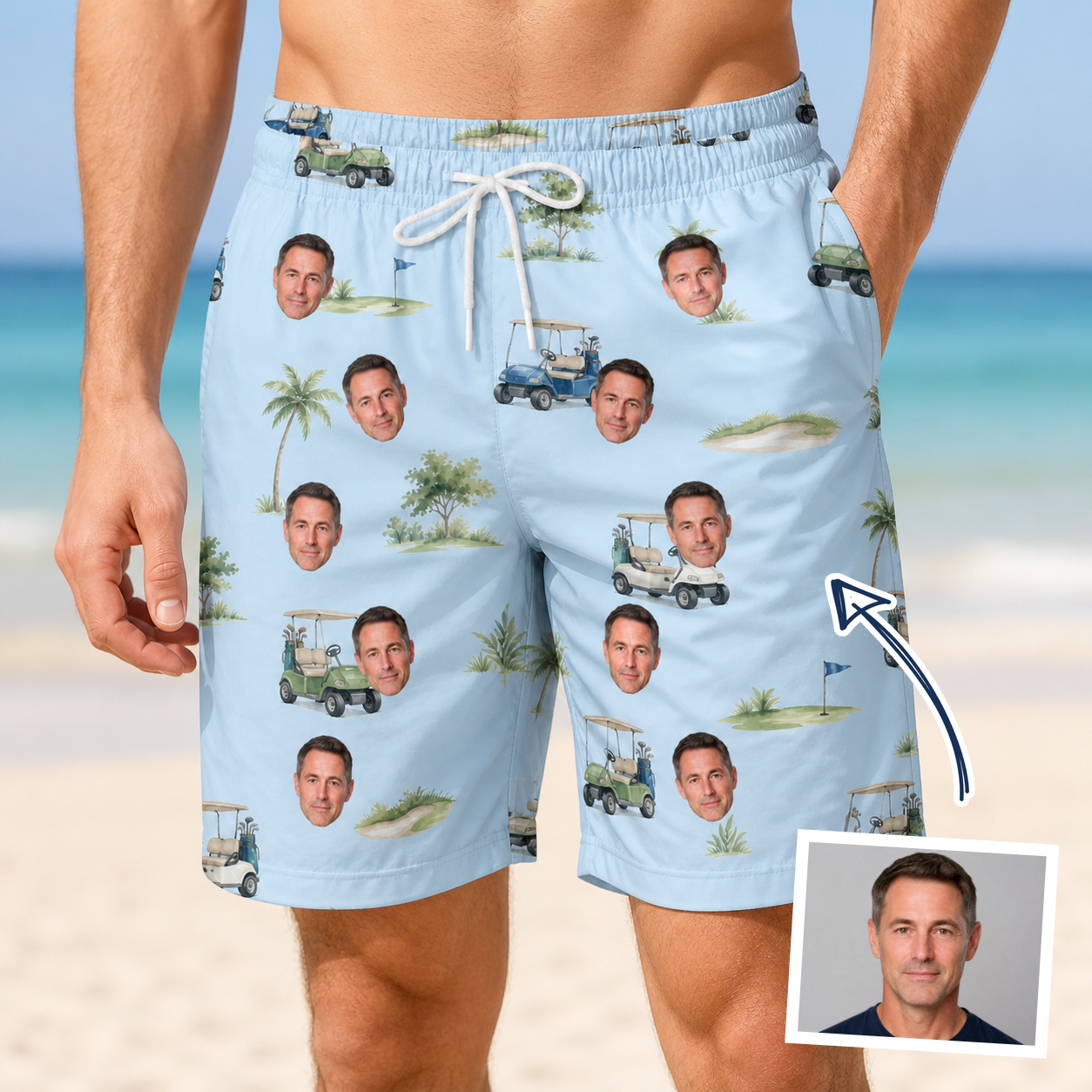Man wearing Men's Driver Drifters Custom Face Beach Shorts — custom faces printed all-over