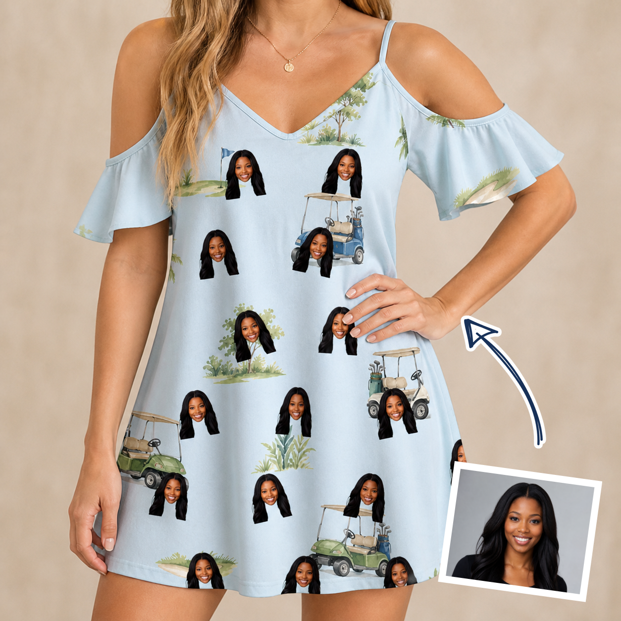 Woman wearing Women's Driver Drifters Custom Face Off-Shoulder Dress — custom faces printed all-over