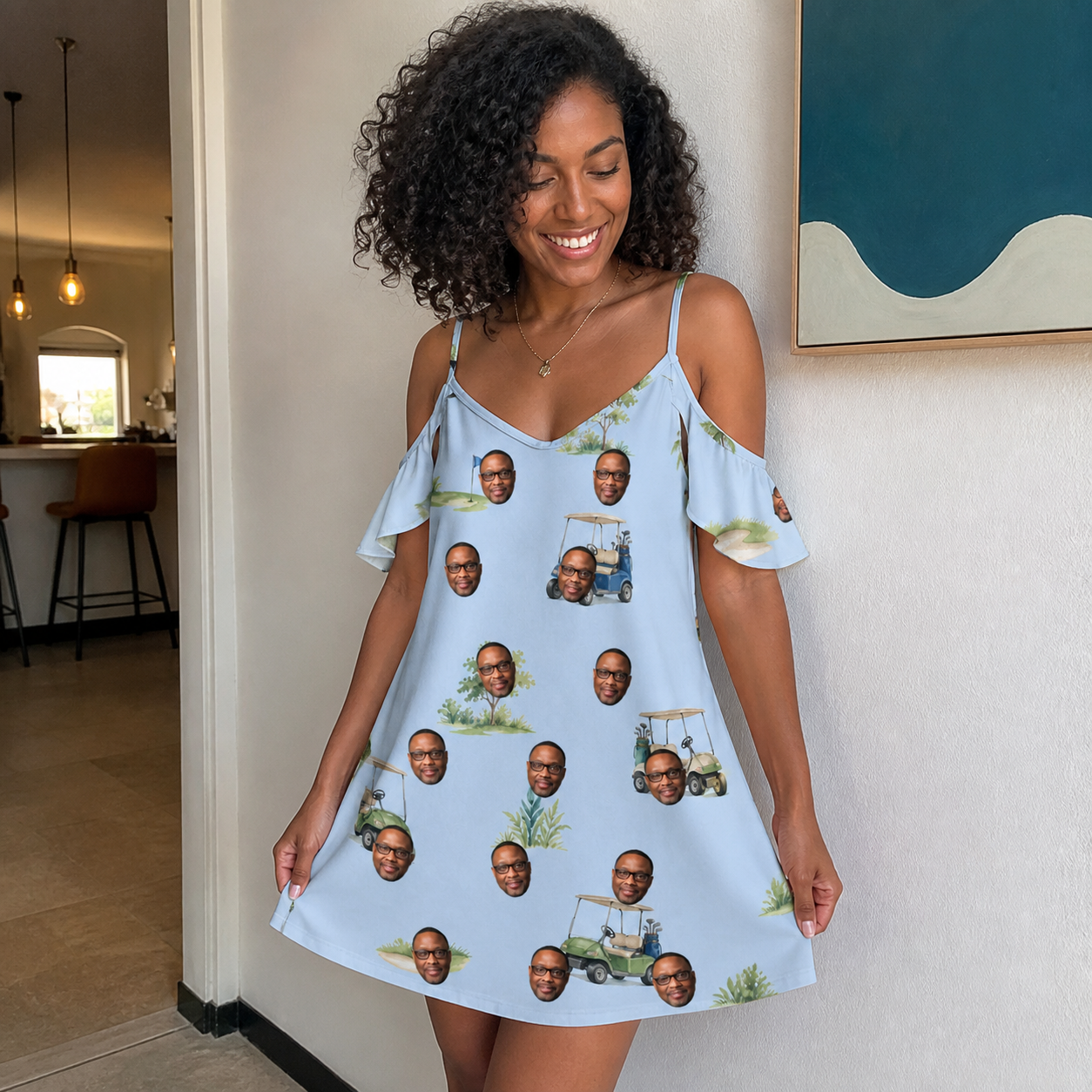 Real-life photo of someone wearing Women's Driver Drifters Custom Face Off-Shoulder Dress — custom faces printed all-over