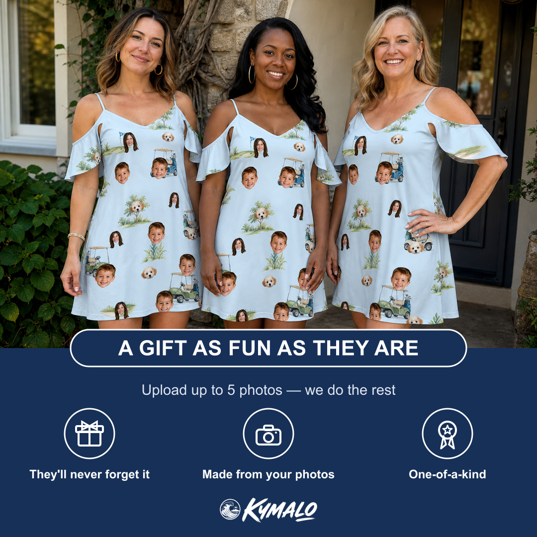 Friends in matching Women's Driver Drifters Custom Face Off-Shoulder Dress — a group gift photo