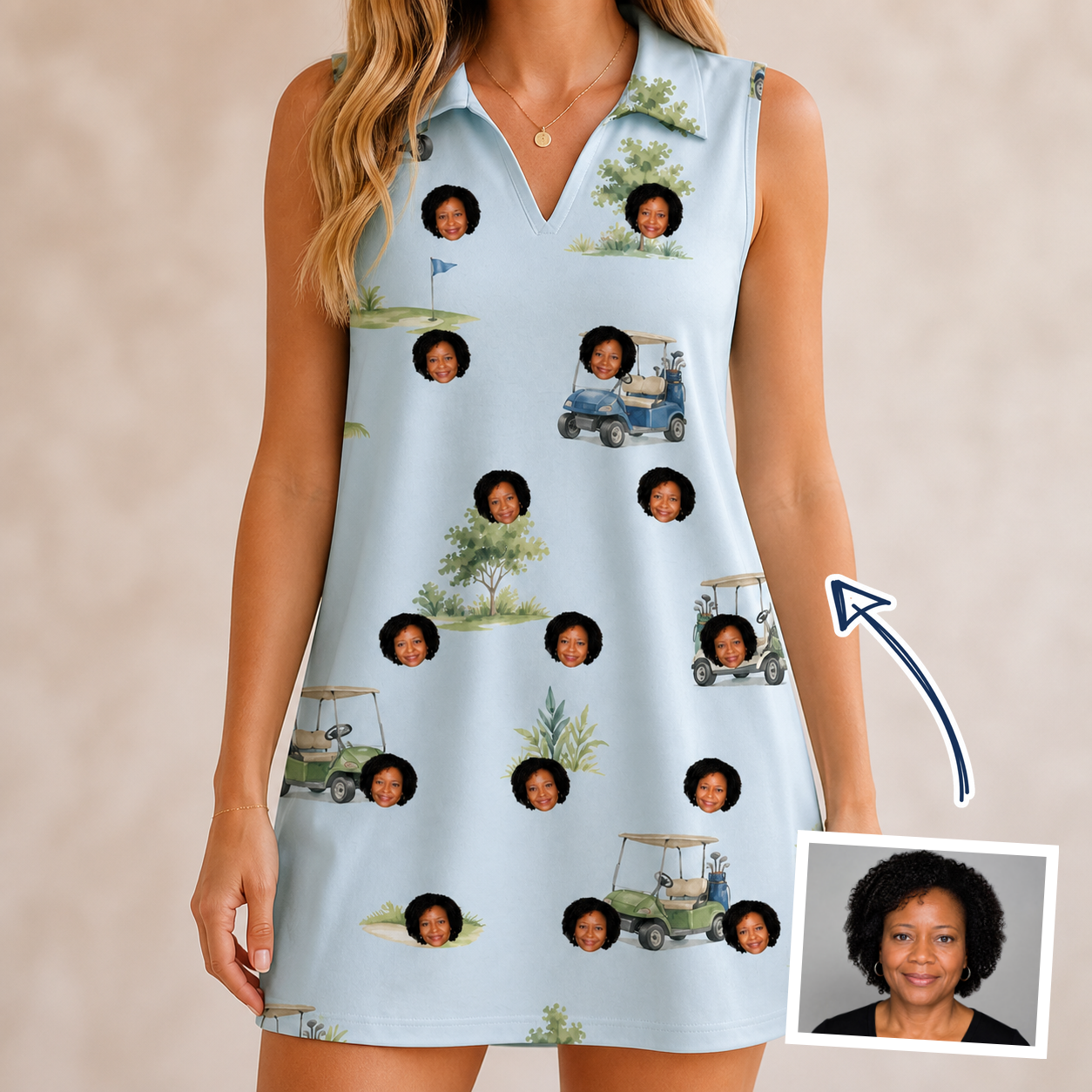 Woman wearing Women's Driver Drifters Custom Face V-Neck Dress — custom faces printed all-over