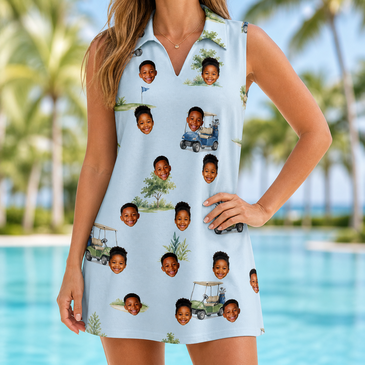 Model wearing Women's Driver Drifters Custom Face V-Neck Dress printed with kids' faces