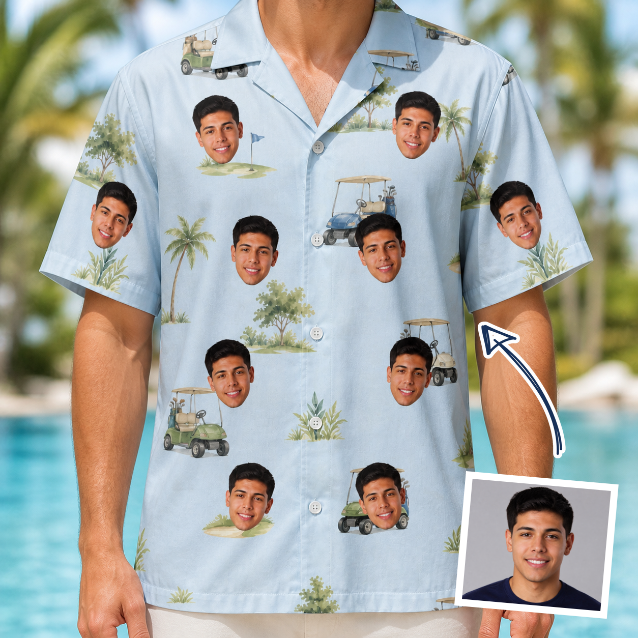 Man wearing Men's Driver Drifters Custom Face Hawaiian Shirt — custom faces printed all-over
