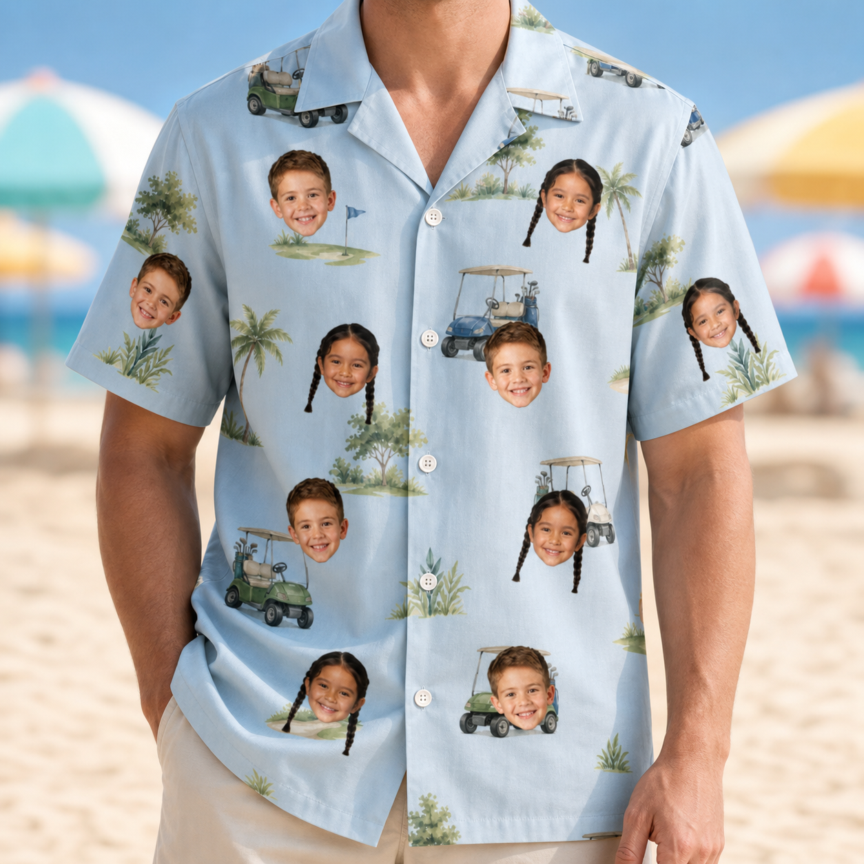 Model wearing Men's Driver Drifters Custom Face Hawaiian Shirt printed with kids' faces