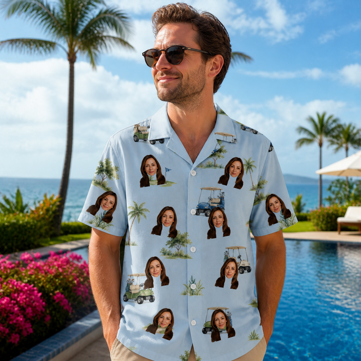 Real-life photo of someone wearing Men's Driver Drifters Custom Face Hawaiian Shirt — custom faces printed all-over
