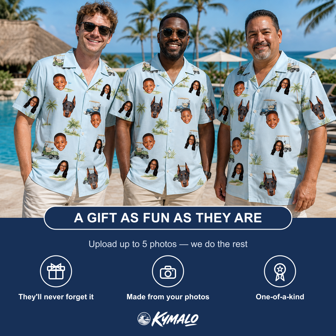 Friends in matching Men's Driver Drifters Custom Face Hawaiian Shirt — a group gift photo
