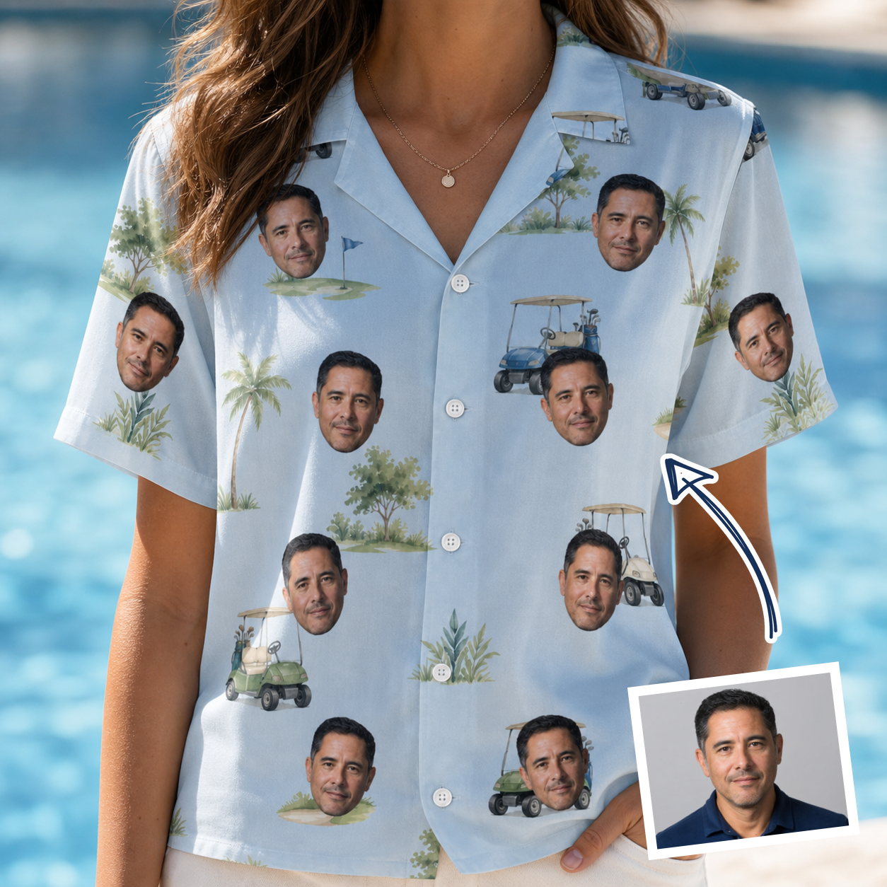 Woman wearing Women's Driver Drifters Custom Face Hawaiian Shirt — custom faces printed all-over