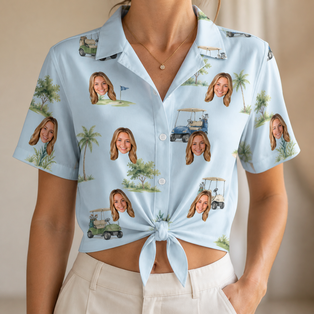 Woman wearing Women's Driver Drifters Custom Face Hawaiian Shirt tied at the waist