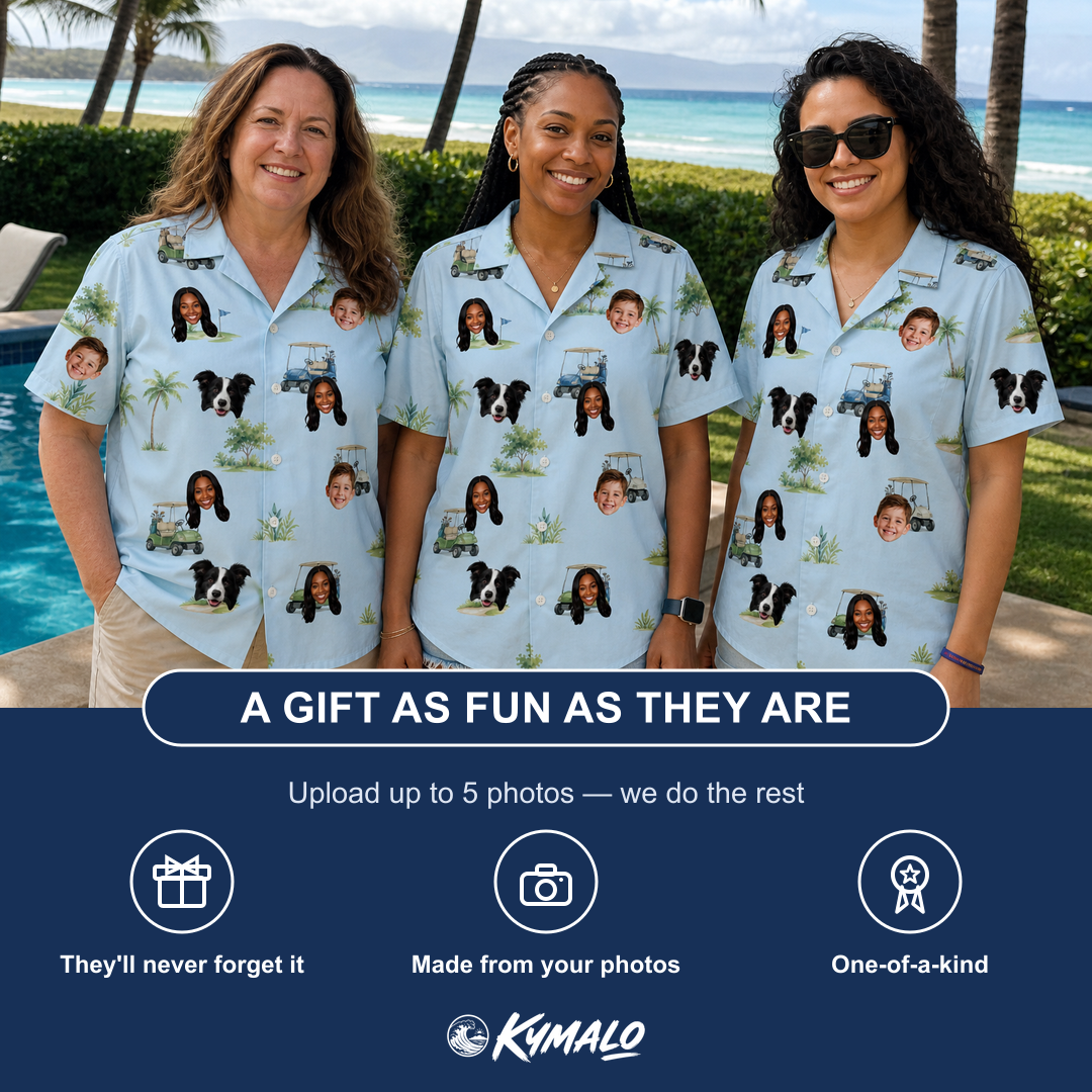 Friends in matching Women's Driver Drifters Custom Face Hawaiian Shirt — a group gift photo