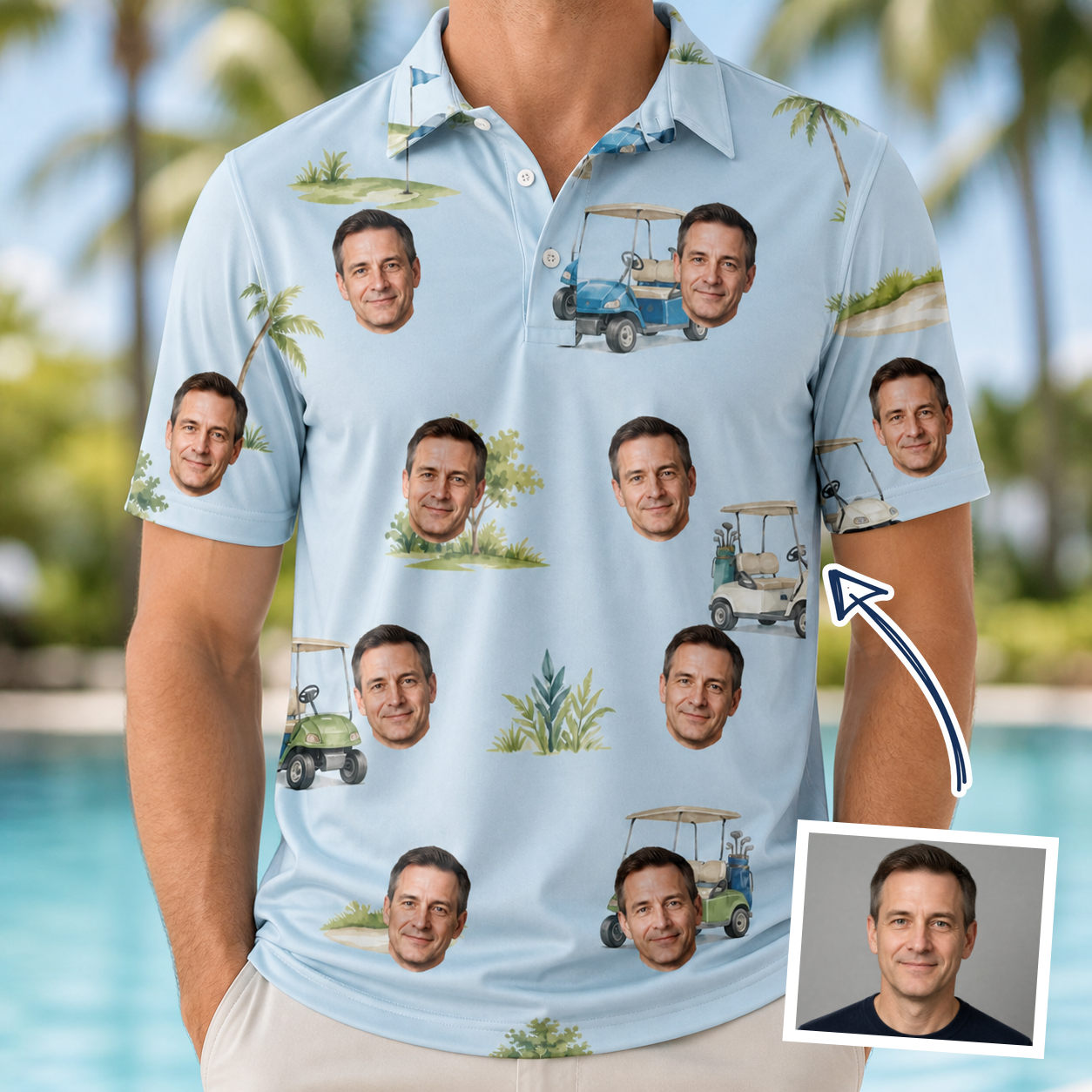 Man wearing Men's Driver Drifters Custom Face Polo Shirt — custom faces printed all-over