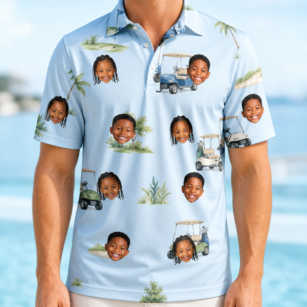 Model wearing Men's Driver Drifters Custom Face Polo Shirt printed with kids' faces